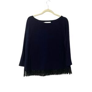 🟢Ann Taylor LOFT Navy With Black Lace Boat Neck 3/4 Sleeve Top Size L